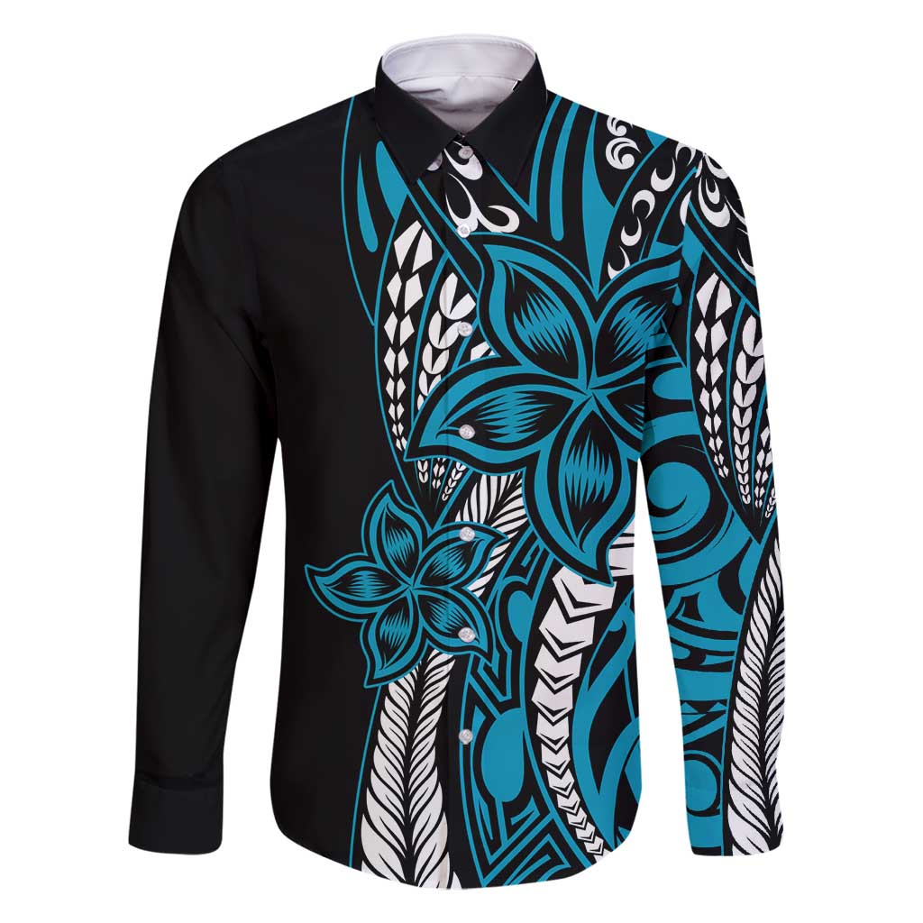 Polynesian Plumeria Floral Tattoo Pattern Family Matching Mermaid Dress and Hawaiian Shirt Blue Style LT9 Dad's Shirt - Long Sleeve Blue - Polynesian Pride
