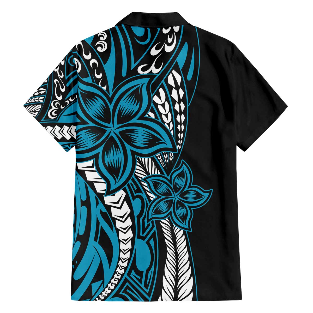 Polynesian Plumeria Floral Tattoo Pattern Family Matching Off Shoulder Short Dress and Hawaiian Shirt Bllue Style