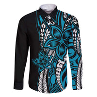 Polynesian Plumeria Floral Tattoo Pattern Family Matching Off Shoulder Short Dress and Hawaiian Shirt Bllue Style