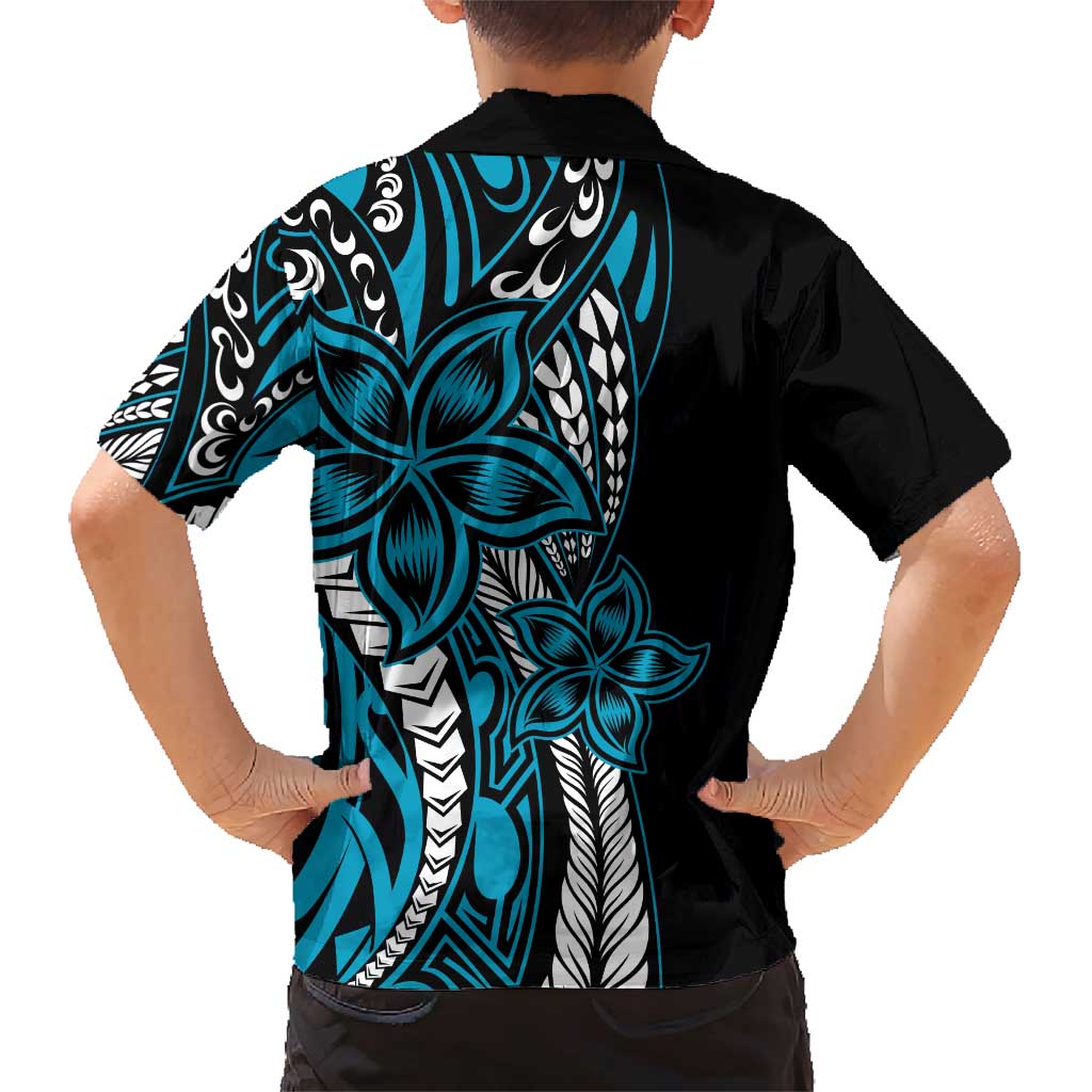 Polynesian Plumeria Floral Tattoo Pattern Family Matching Short Sleeve Bodycon Dress and Hawaiian Shirt Blue Style LT9 - Polynesian Pride