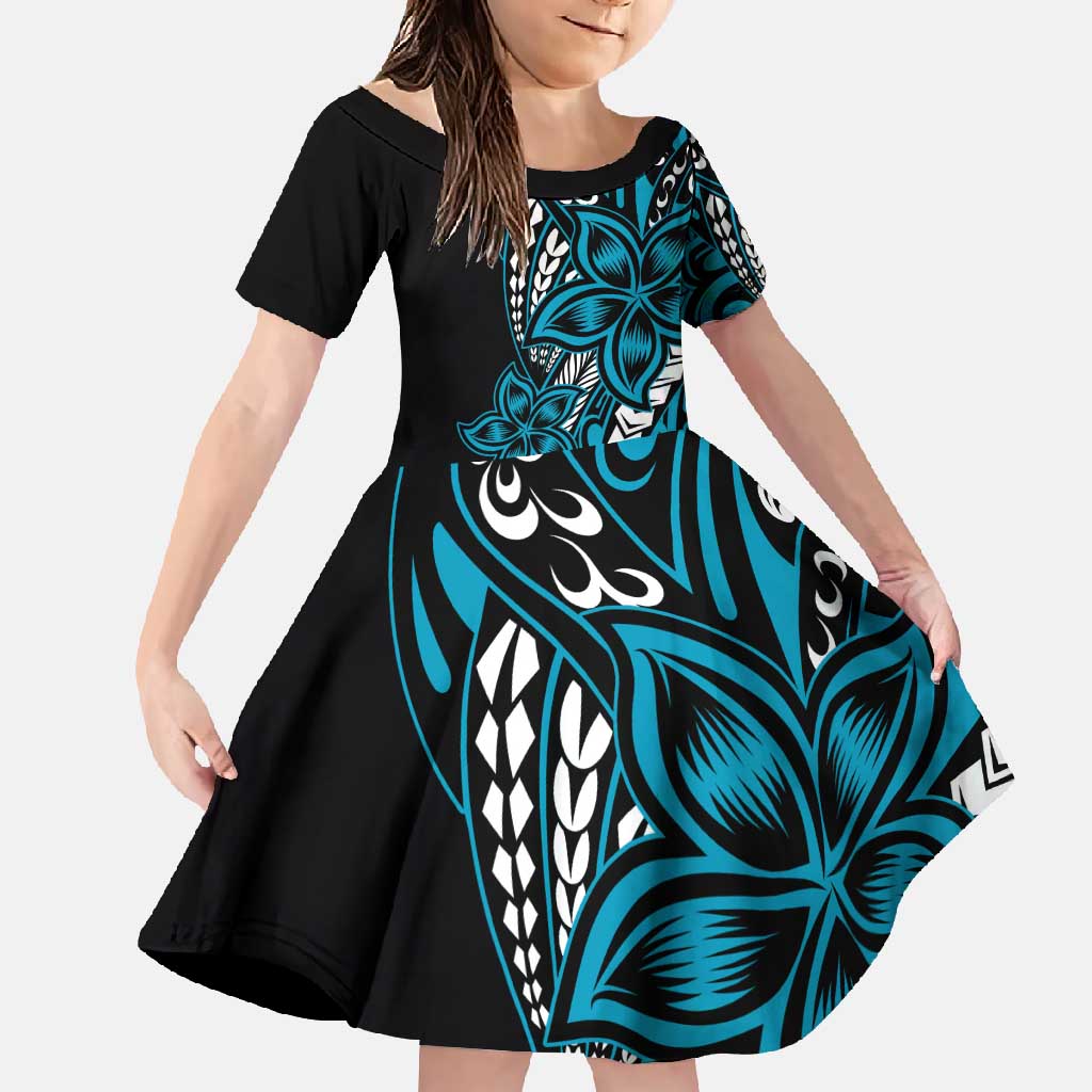 Polynesian Plumeria Floral Tattoo Pattern Family Matching Short Sleeve Bodycon Dress and Hawaiian Shirt Blue Style LT9 Daughter's Dress Blue - Polynesian Pride