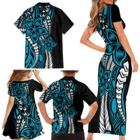 Polynesian Plumeria Floral Tattoo Pattern Family Matching Short Sleeve Bodycon Dress and Hawaiian Shirt Blue Style LT9 - Polynesian Pride