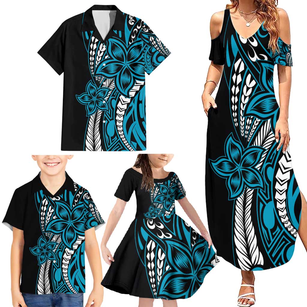 Polynesian Plumeria Floral Tattoo Pattern Family Matching Summer Maxi Dress and Hawaiian Shirt Bllue Style