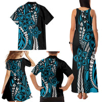 Polynesian Plumeria Floral Tattoo Pattern Family Matching Tank Maxi Dress and Hawaiian Shirt Bllue Style