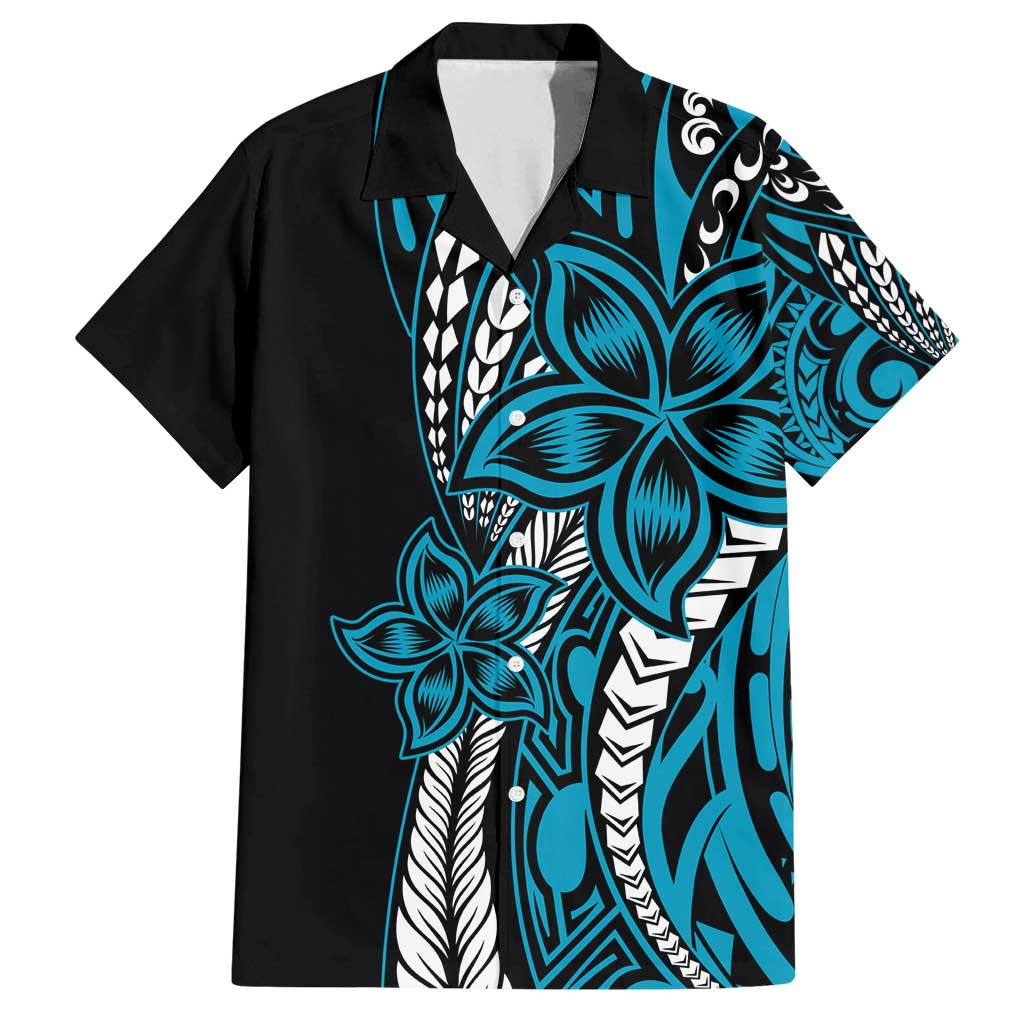 Polynesian Plumeria Floral Tattoo Pattern Family Matching Tank Maxi Dress and Hawaiian Shirt Bllue Style