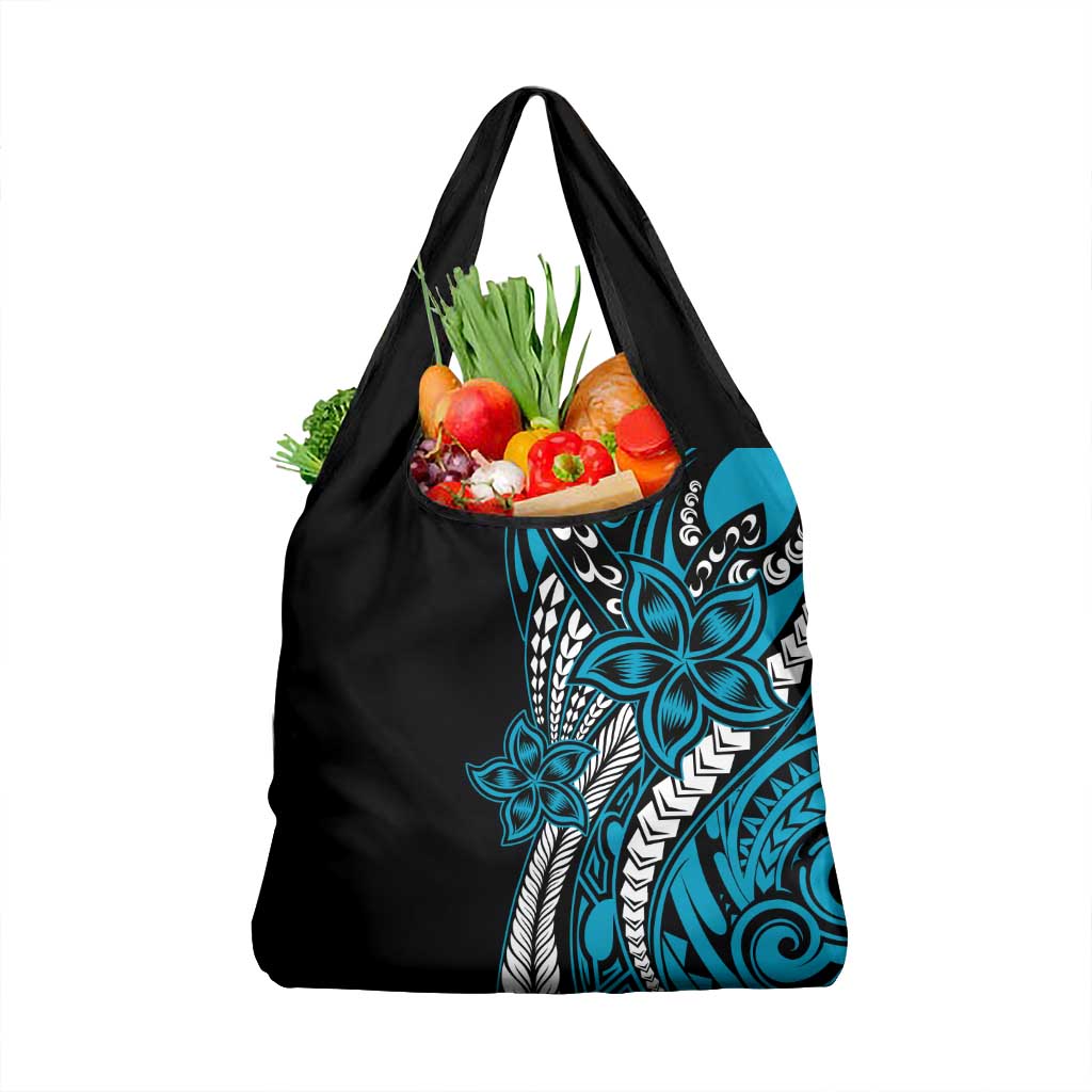Polynesian Plumeria Floral Tattoo Pattern Grocery Bag Blue Style