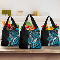 Polynesian Plumeria Floral Tattoo Pattern Grocery Bag Blue Style