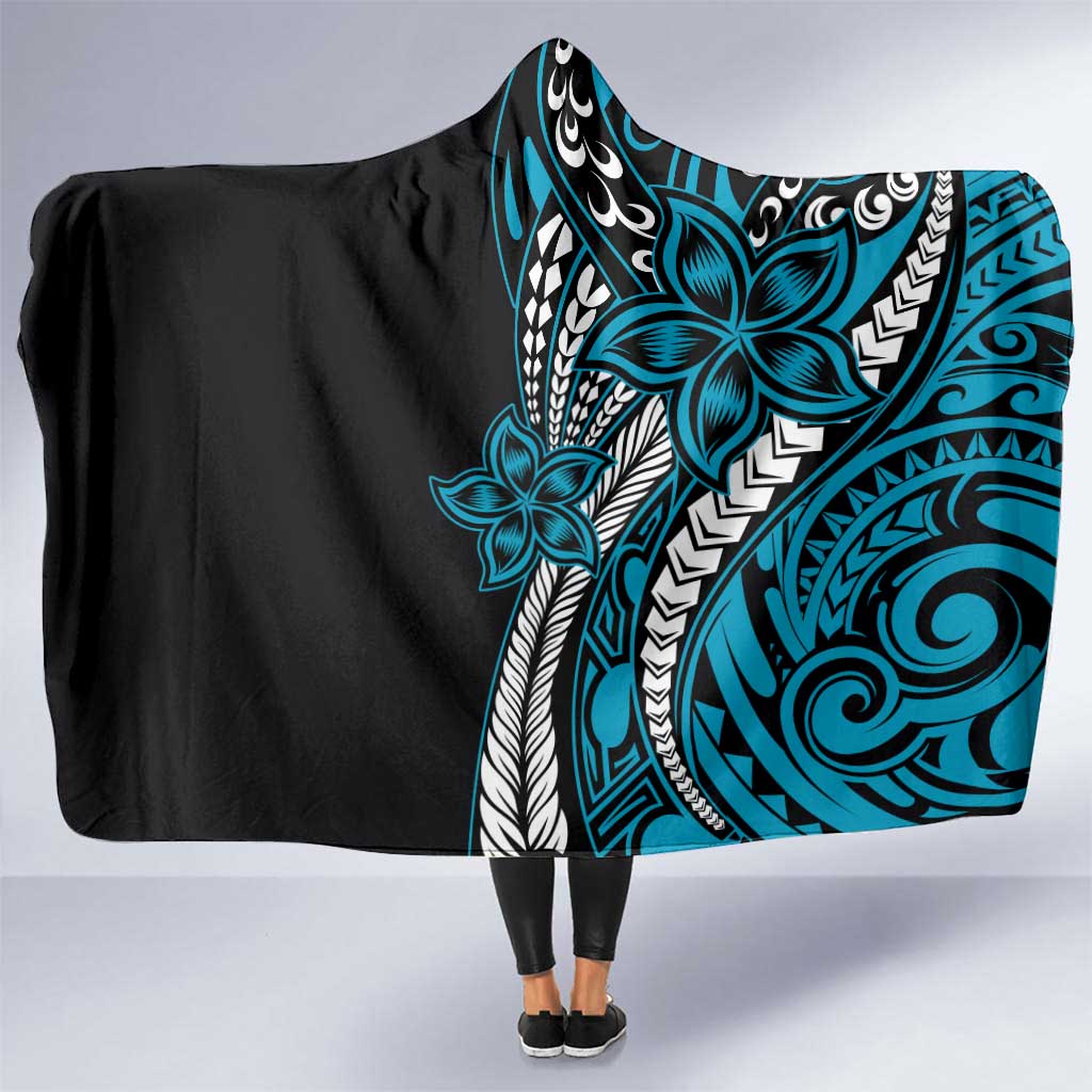 Polynesian Plumeria Floral Tattoo Pattern Hooded Blanket Blue Style