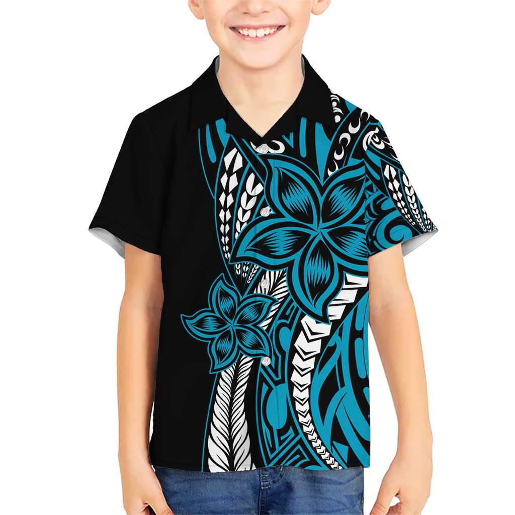 Polynesian Plumeria Floral Tattoo Pattern Kid Hawaiian Shirt Bllue Style