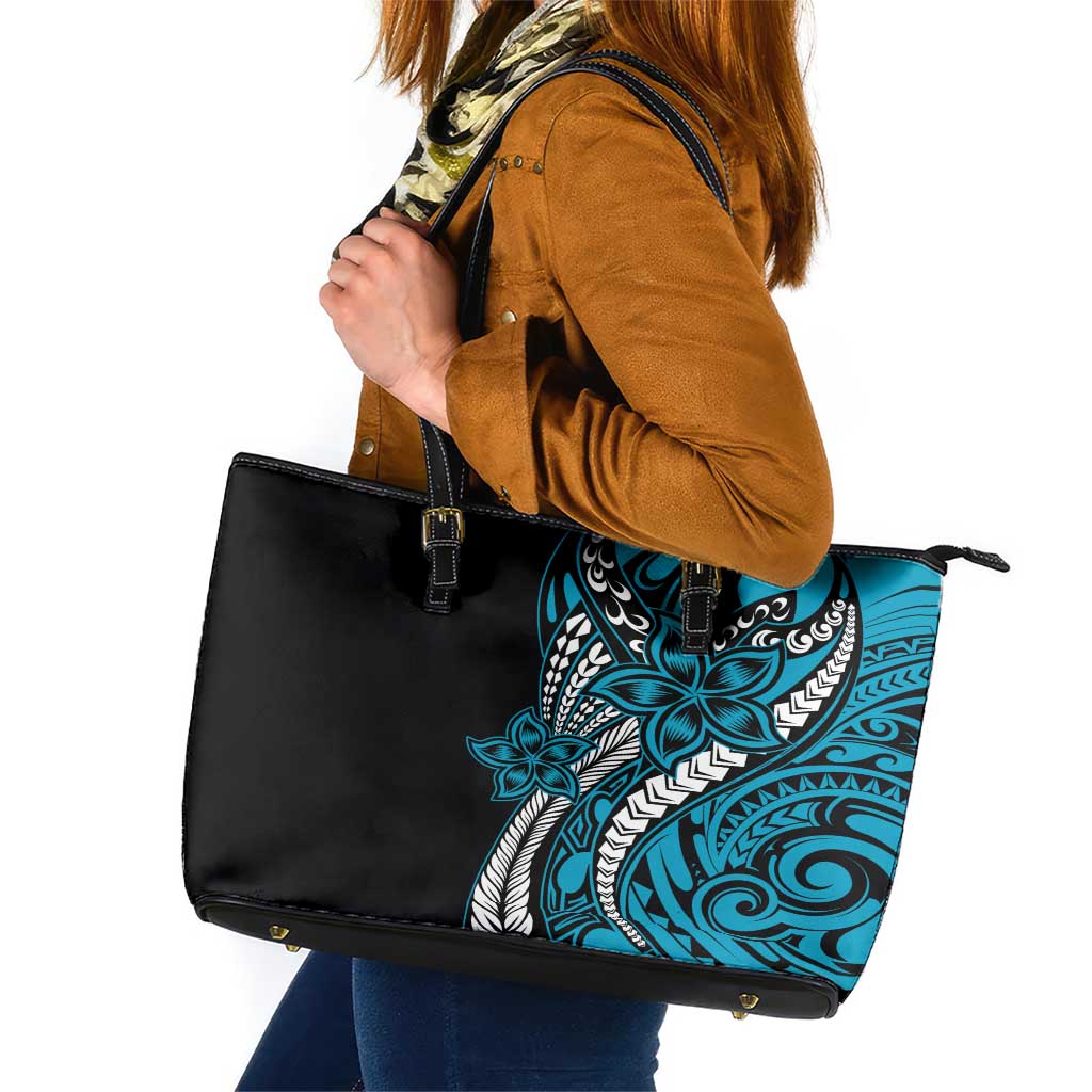 Polynesian Plumeria Floral Tattoo Pattern Leather Tote Bag Blue Style