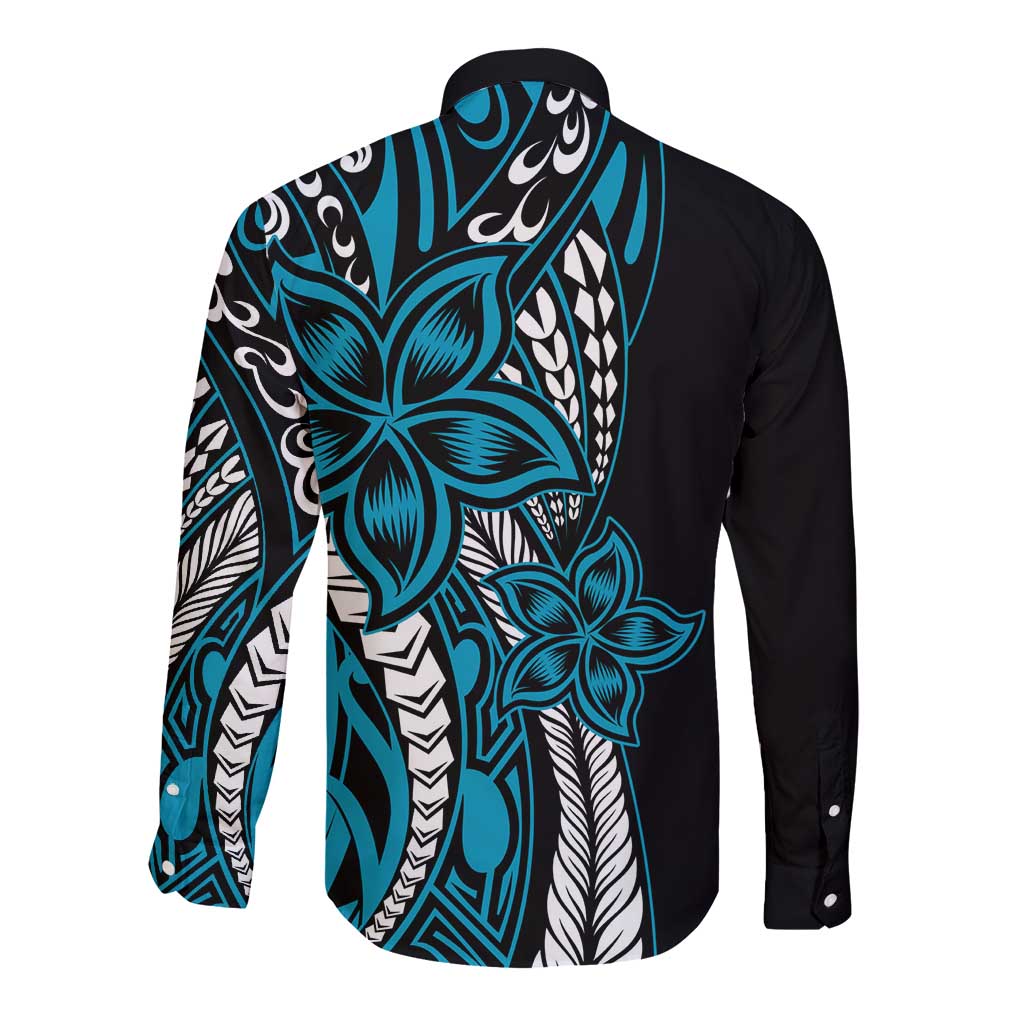 Polynesian Plumeria Floral Tattoo Pattern Long Sleeve Button Shirt Bllue Style