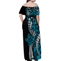 Polynesian Plumeria Floral Tattoo Pattern Off Shoulder Maxi Dress Bllue Style