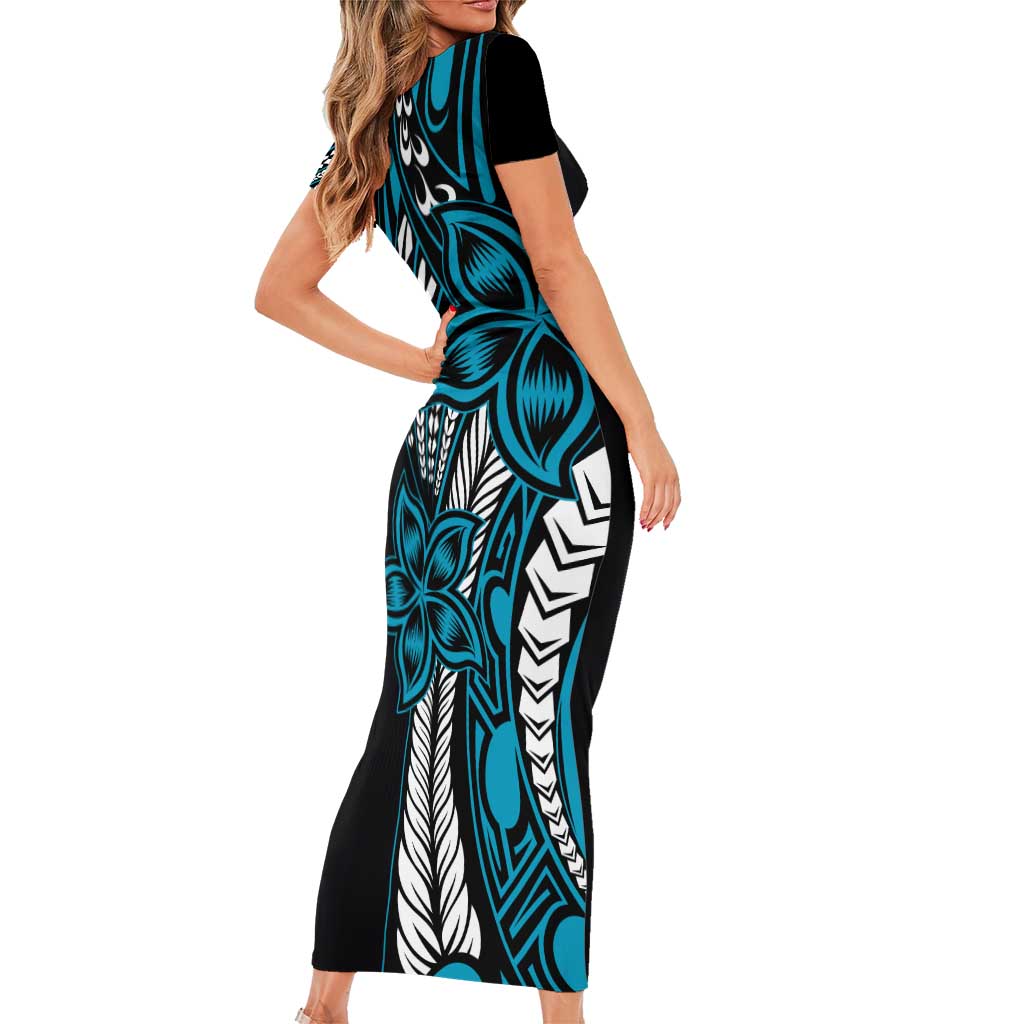Polynesian Plumeria Floral Tattoo Pattern Short Sleeve Bodycon Dress Bllue Style