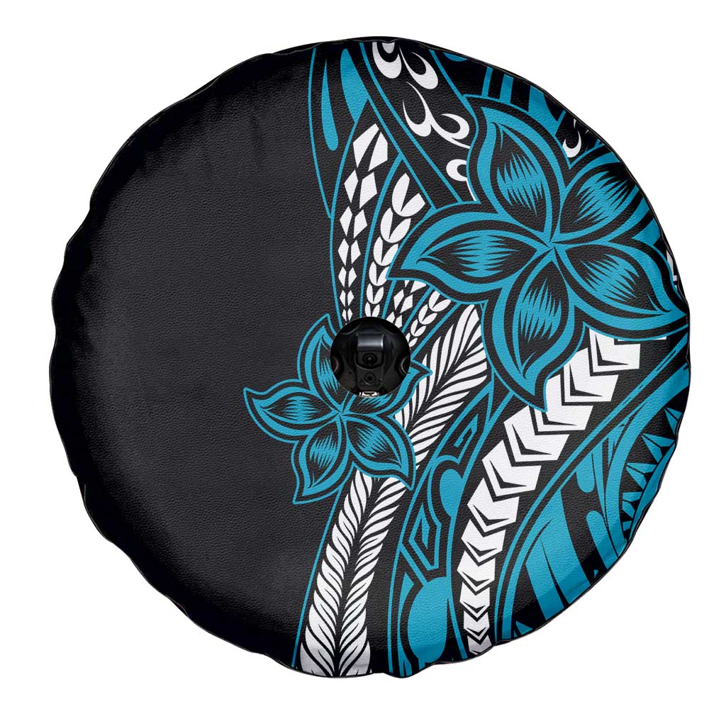 Polynesian Plumeria Floral Tattoo Pattern Spare Tire Cover Blue Style