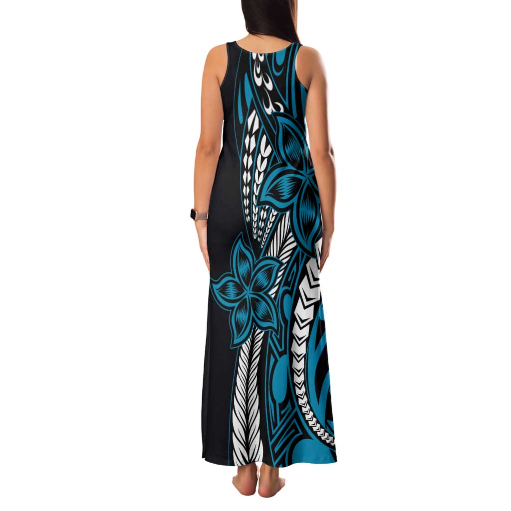 Polynesian Plumeria Floral Tattoo Pattern Tank Maxi Dress Bllue Style