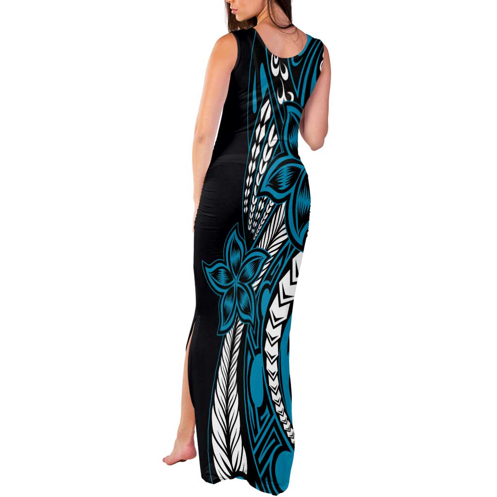 Polynesian Plumeria Floral Tattoo Pattern Tank Maxi Dress Bllue Style
