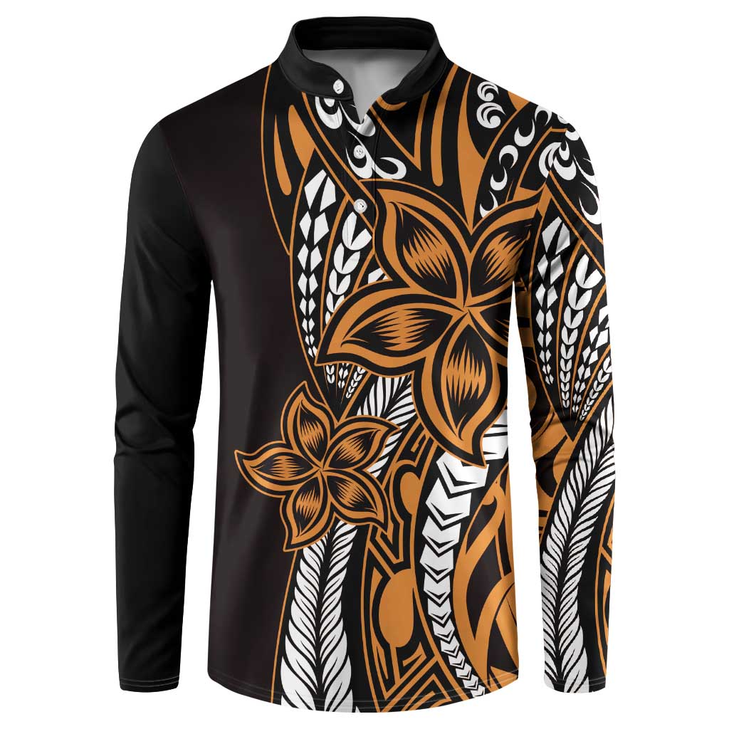 Polynesian Plumeria Floral Tattoo Pattern Button Sweatshirt Gold Style