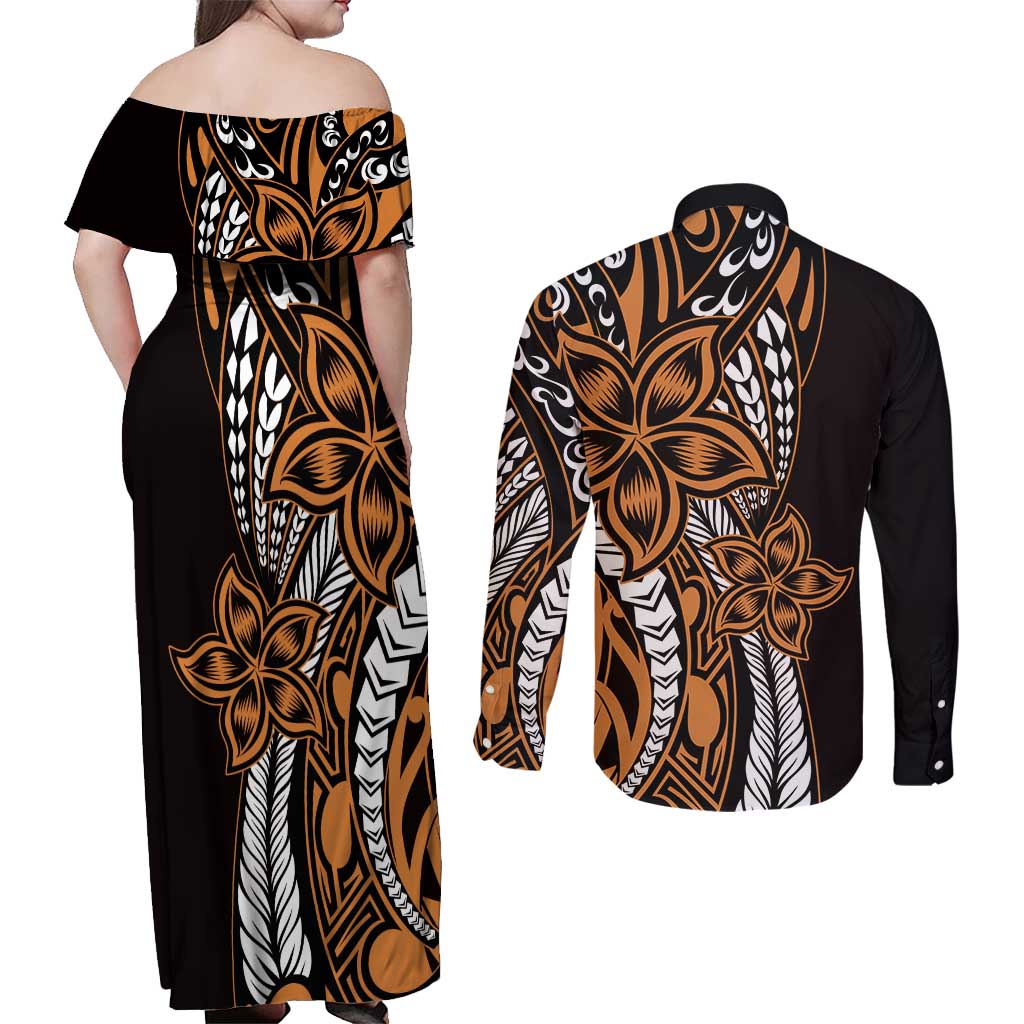 Polynesian Plumeria Floral Tattoo Pattern Couples Matching Off Shoulder Maxi Dress and Long Sleeve Button Shirt Gold Style