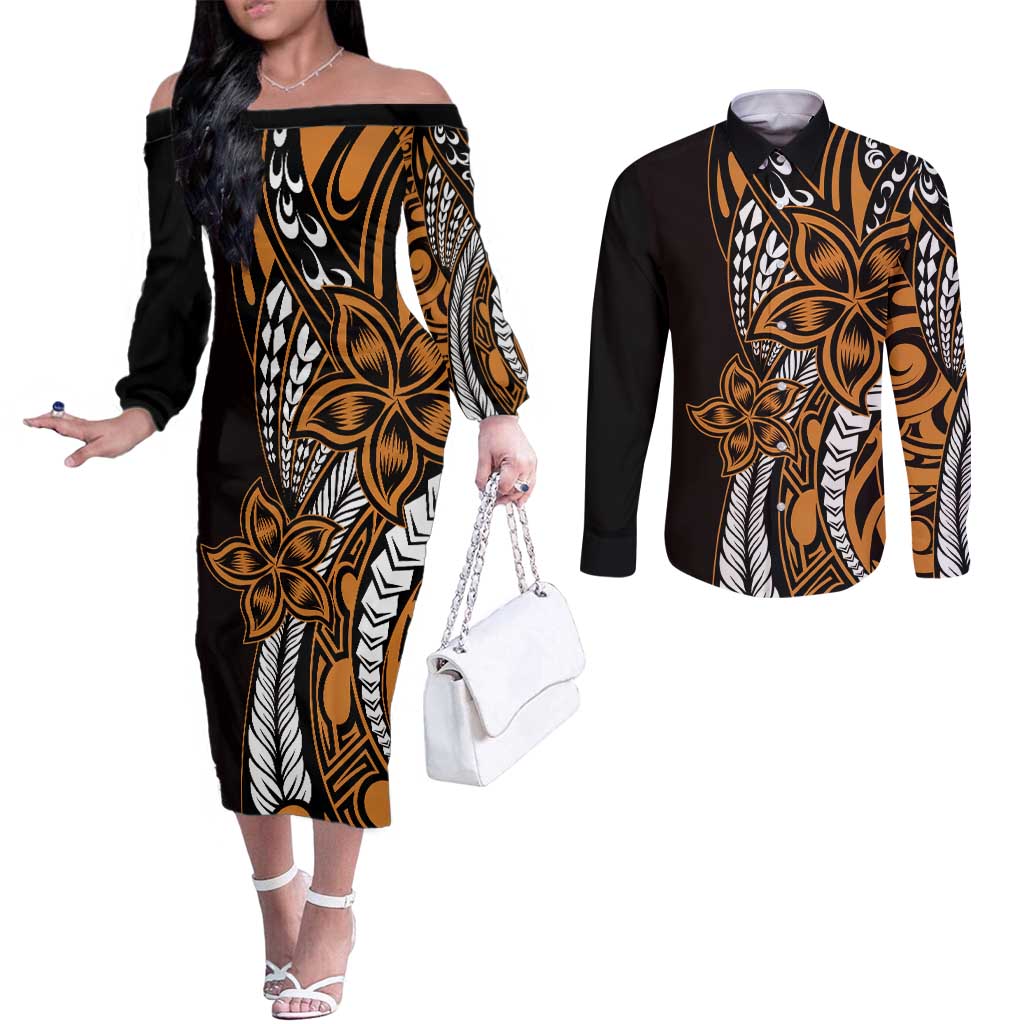 Polynesian Plumeria Floral Tattoo Pattern Couples Matching Off The Shoulder Long Sleeve Dress and Long Sleeve Button Shirt Gold Style