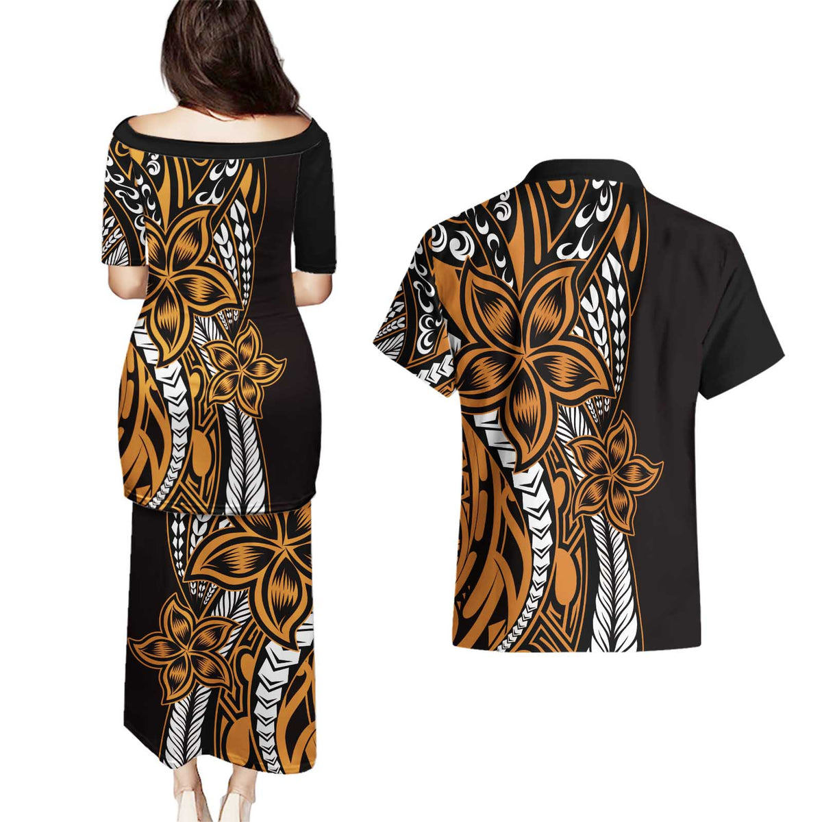 Polynesian Plumeria Floral Tattoo Pattern Couples Matching Puletasi and Hawaiian Shirt Gold Style