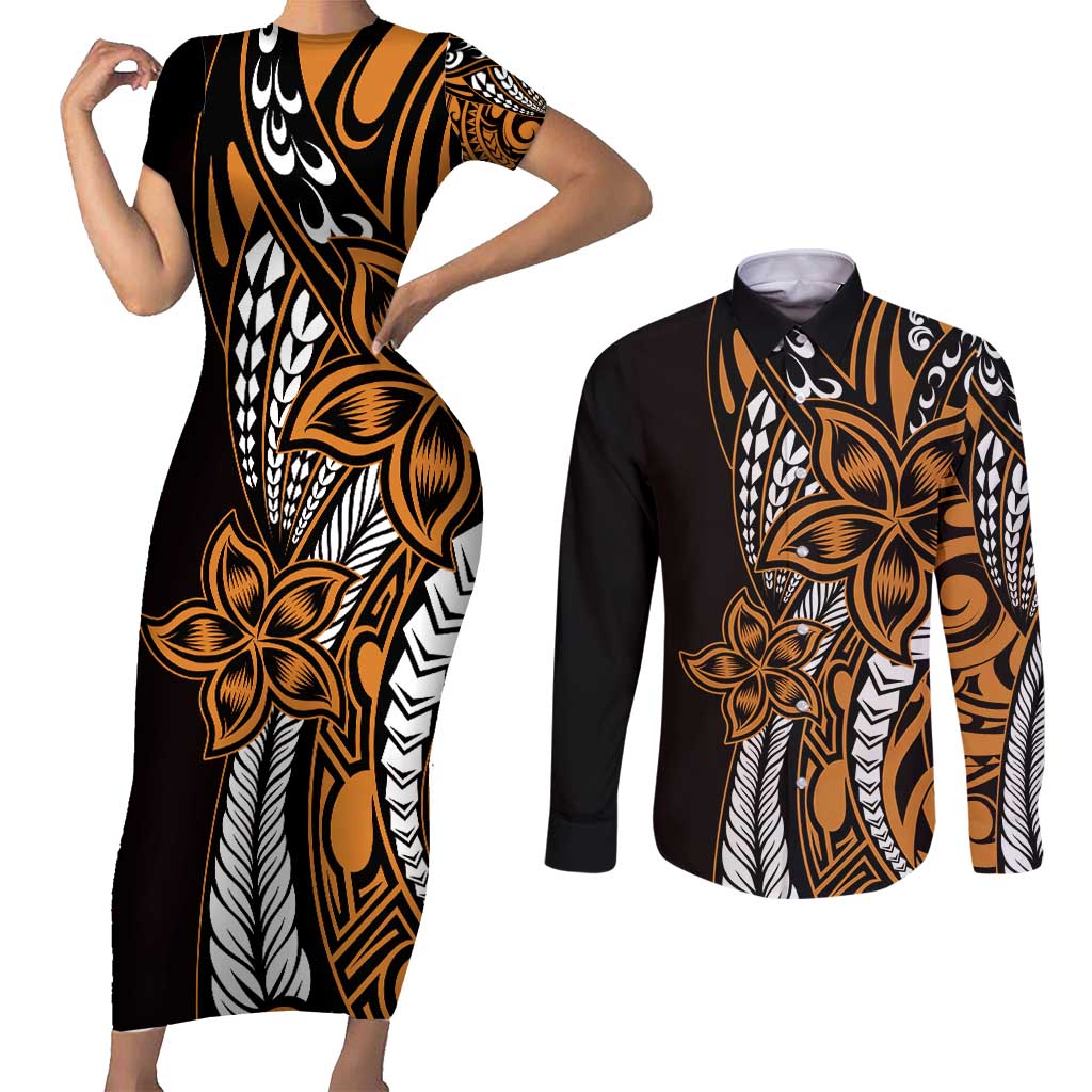 Polynesian Plumeria Floral Tattoo Pattern Couples Matching Short Sleeve Bodycon Dress and Long Sleeve Button Shirt Gold Style