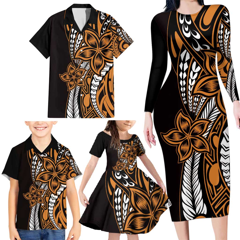 Polynesian Plumeria Floral Tattoo Pattern Family Matching Long Sleeve Bodycon Dress and Hawaiian Shirt Gold Style LT9 - Polynesian Pride