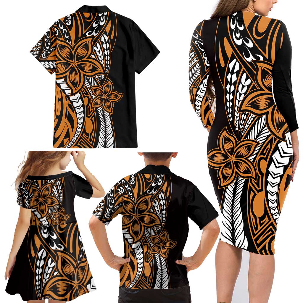 Polynesian Plumeria Floral Tattoo Pattern Family Matching Long Sleeve Bodycon Dress and Hawaiian Shirt Gold Style LT9 - Polynesian Pride