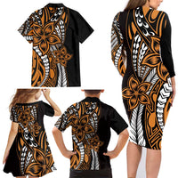 Polynesian Plumeria Floral Tattoo Pattern Family Matching Long Sleeve Bodycon Dress and Hawaiian Shirt Gold Style LT9 - Polynesian Pride