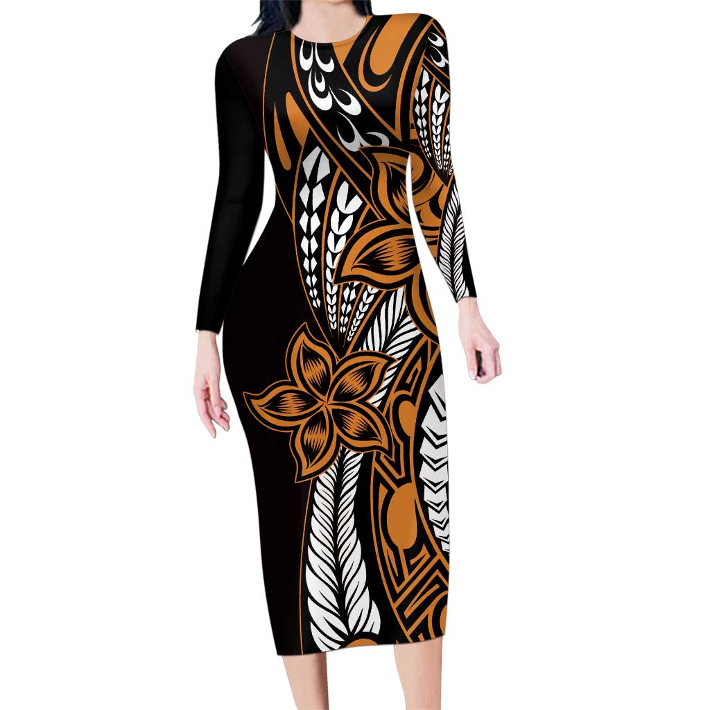 Polynesian Plumeria Floral Tattoo Pattern Family Matching Long Sleeve Bodycon Dress and Hawaiian Shirt Gold Style LT9 Mom's Dress Gold - Polynesian Pride