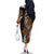 Polynesian Plumeria Floral Tattoo Pattern Family Matching Off The Shoulder Long Sleeve Dress and Hawaiian Shirt Gold Style
