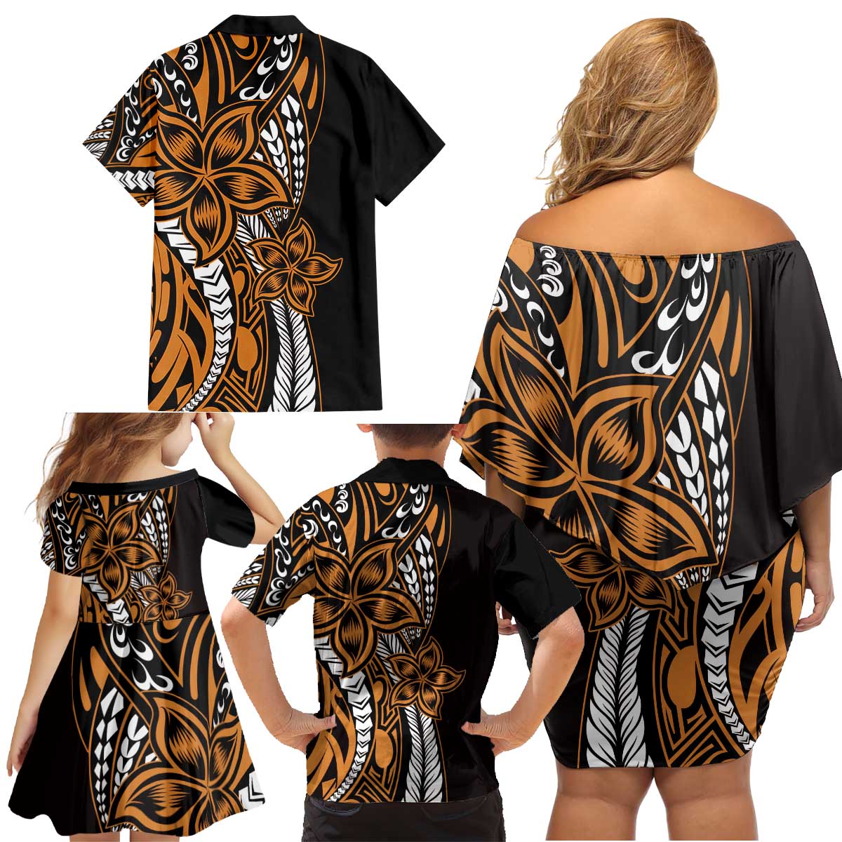 Polynesian Plumeria Floral Tattoo Pattern Family Matching Off Shoulder Short Dress and Hawaiian Shirt Gold Style