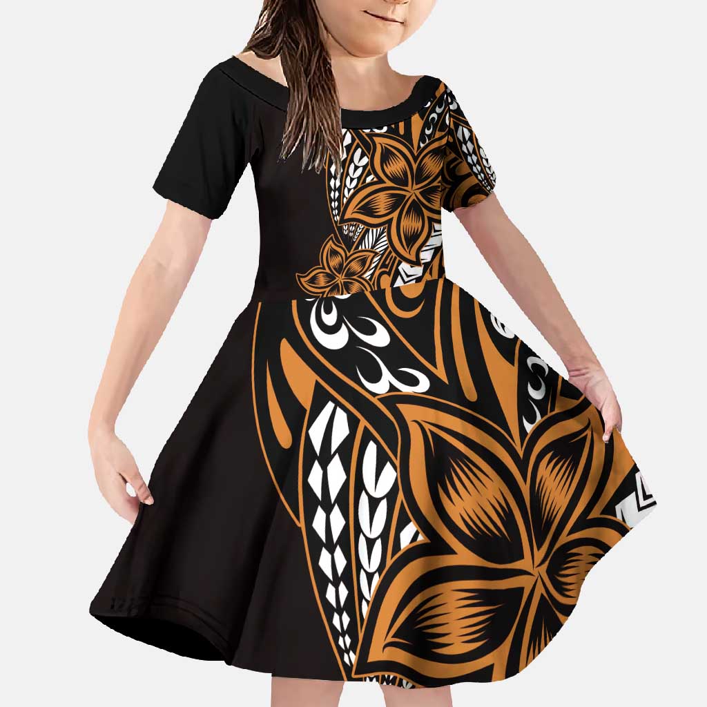 Polynesian Plumeria Floral Tattoo Pattern Family Matching Short Sleeve Bodycon Dress and Hawaiian Shirt Gold Style LT9 Daughter's Dress Gold - Polynesian Pride