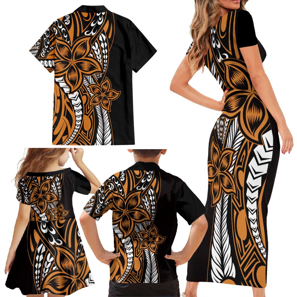 Polynesian Plumeria Floral Tattoo Pattern Family Matching Short Sleeve Bodycon Dress and Hawaiian Shirt Gold Style LT9 - Polynesian Pride