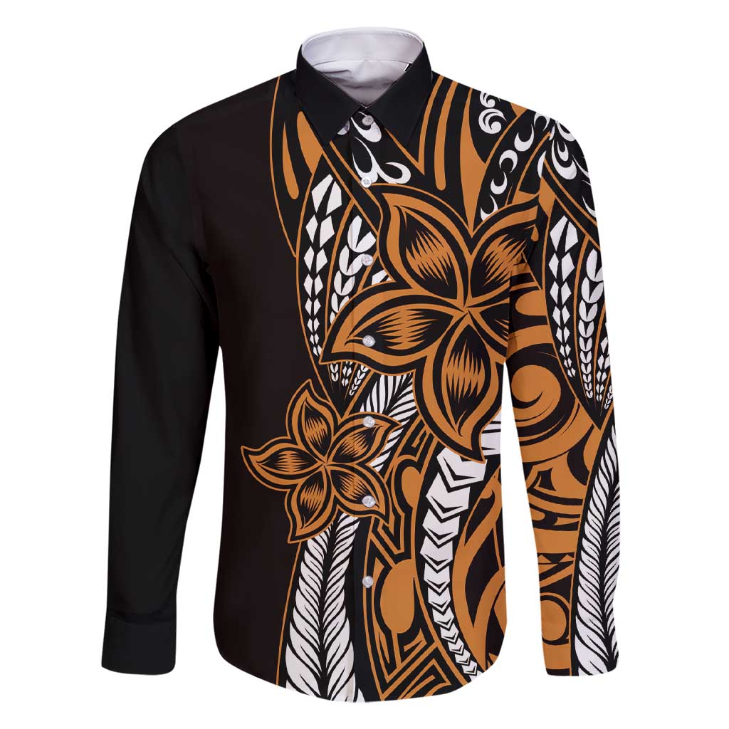 Polynesian Plumeria Floral Tattoo Pattern Family Matching Short Sleeve Bodycon Dress and Hawaiian Shirt Gold Style LT9 Dad's Shirt - Long Sleeve Gold - Polynesian Pride