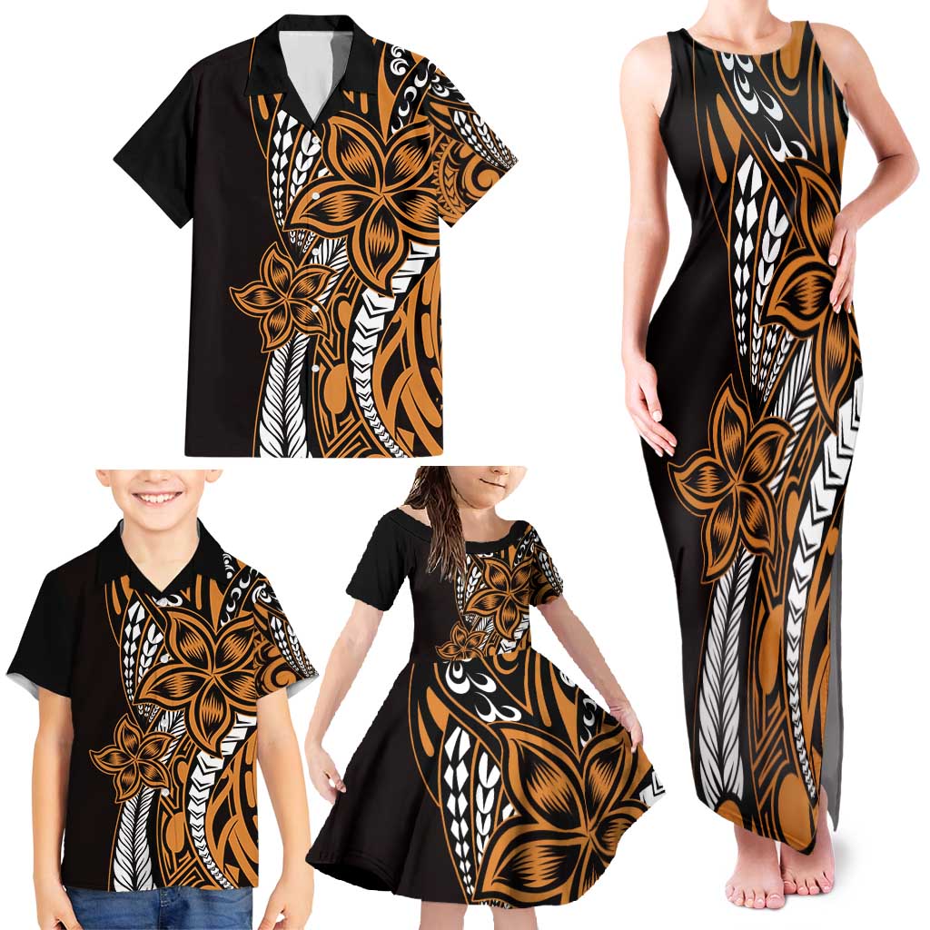 Polynesian Plumeria Floral Tattoo Pattern Family Matching Tank Maxi Dress and Hawaiian Shirt Gold Style