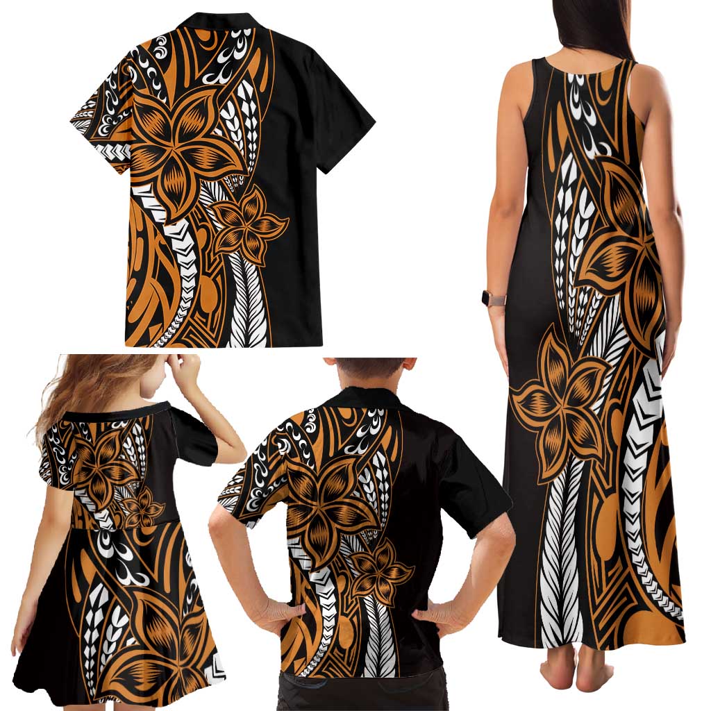 Polynesian Plumeria Floral Tattoo Pattern Family Matching Tank Maxi Dress and Hawaiian Shirt Gold Style