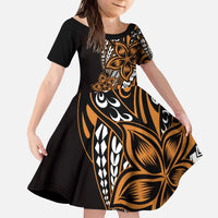 Polynesian Plumeria Floral Tattoo Pattern Kid Short Sleeve Dress Gold Style