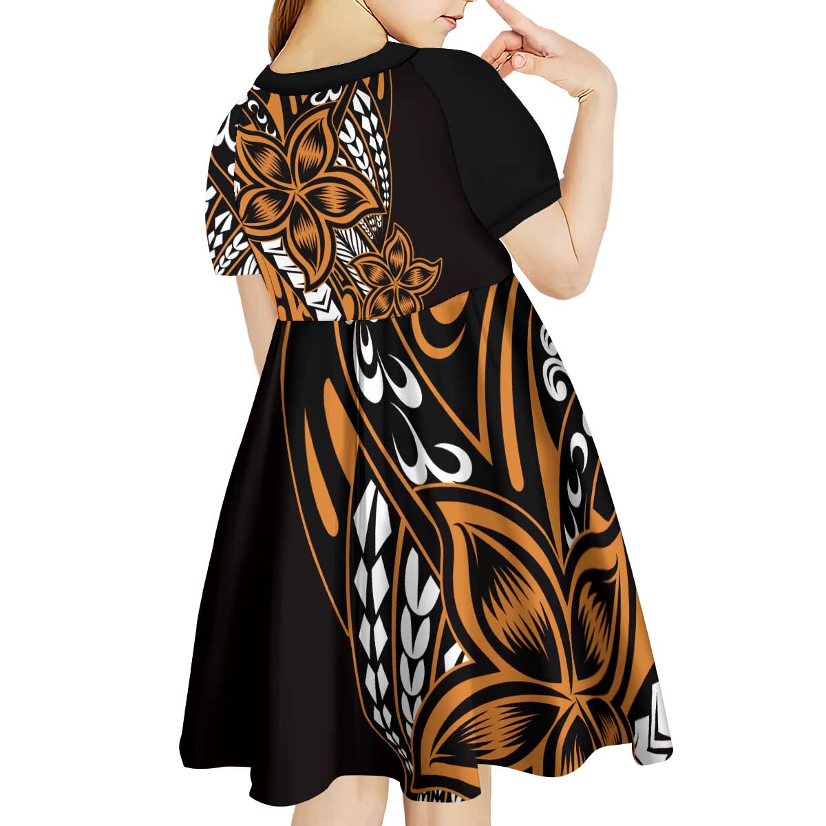 Polynesian Plumeria Floral Tattoo Pattern Kid Short Sleeve Dress Gold Style