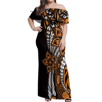 Polynesian Plumeria Floral Tattoo Pattern Off Shoulder Maxi Dress Gold Style
