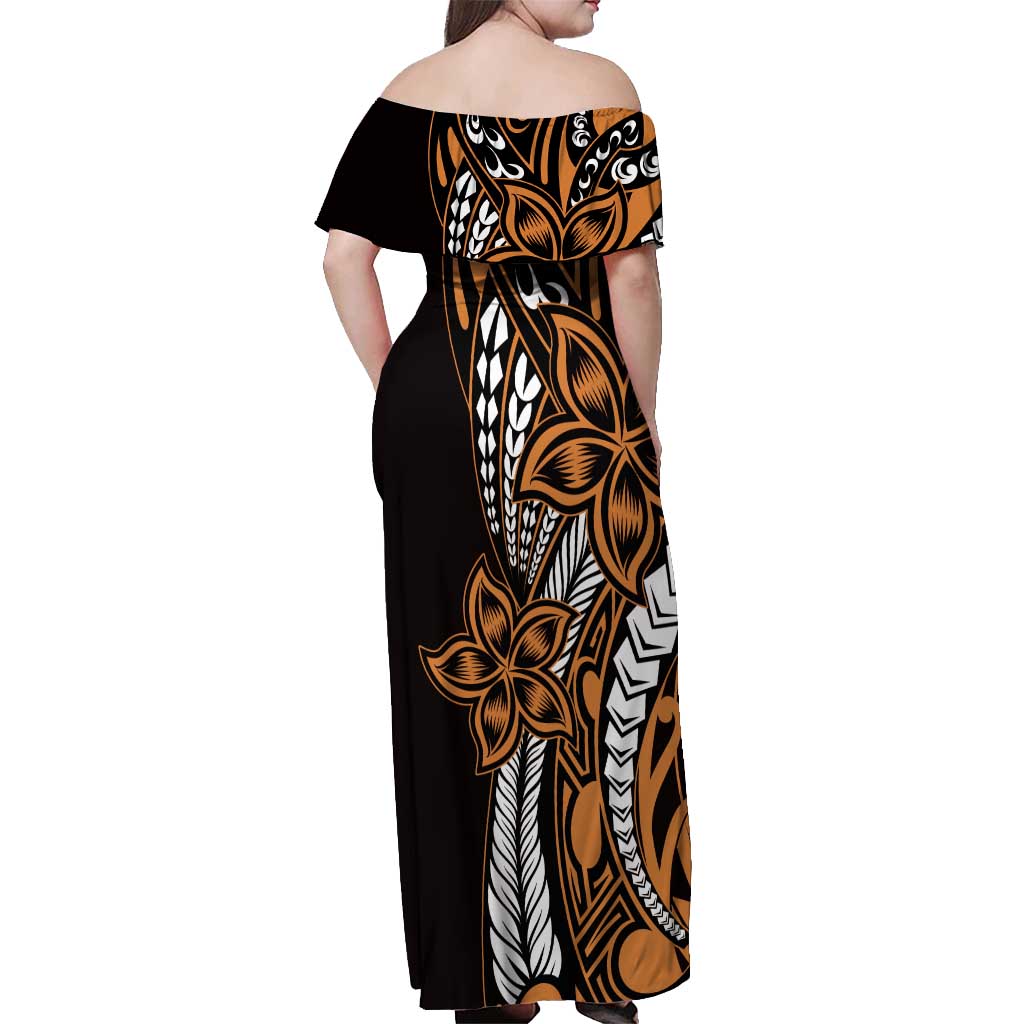 Polynesian Plumeria Floral Tattoo Pattern Off Shoulder Maxi Dress Gold Style