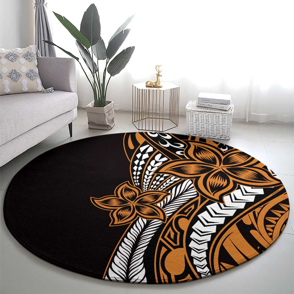Polynesian Plumeria Floral Tattoo Pattern Round Carpet Gold Style