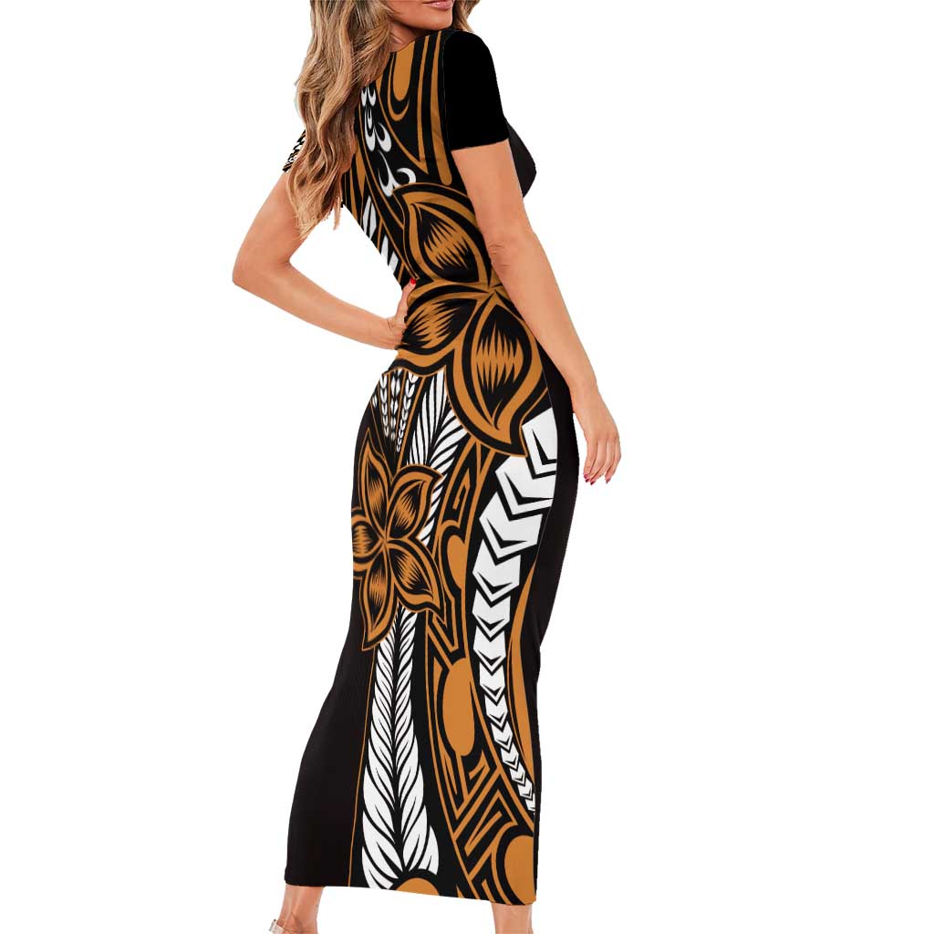 Polynesian Plumeria Floral Tattoo Pattern Short Sleeve Bodycon Dress Gold Style