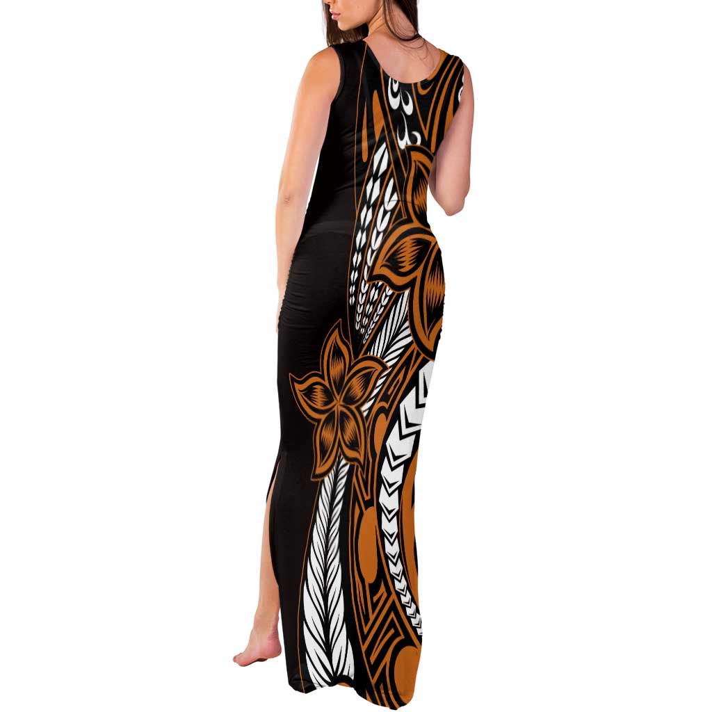 Polynesian Plumeria Floral Tattoo Pattern Tank Maxi Dress Gold Style