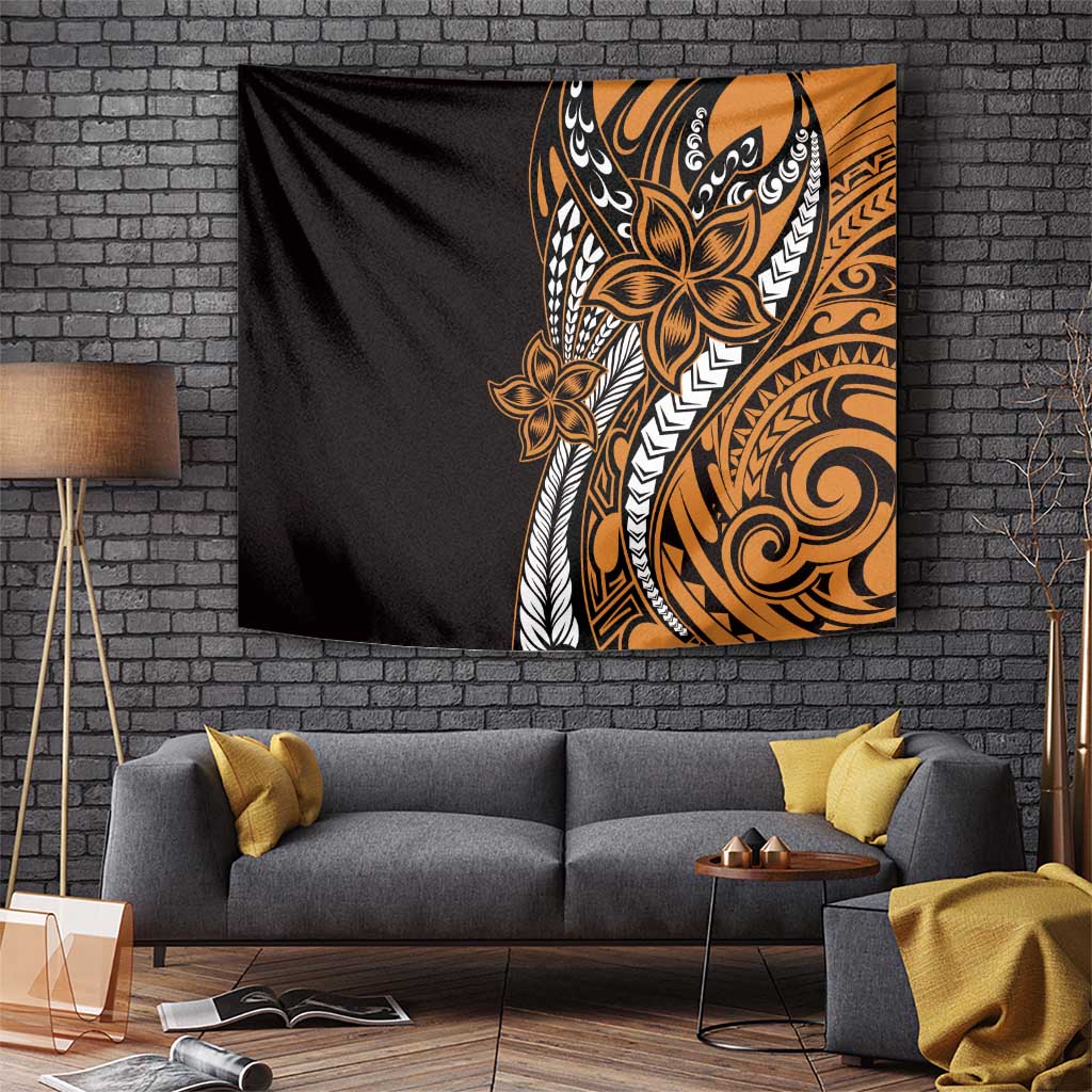 Polynesian Plumeria Floral Tattoo Pattern Tapestry Gold Style