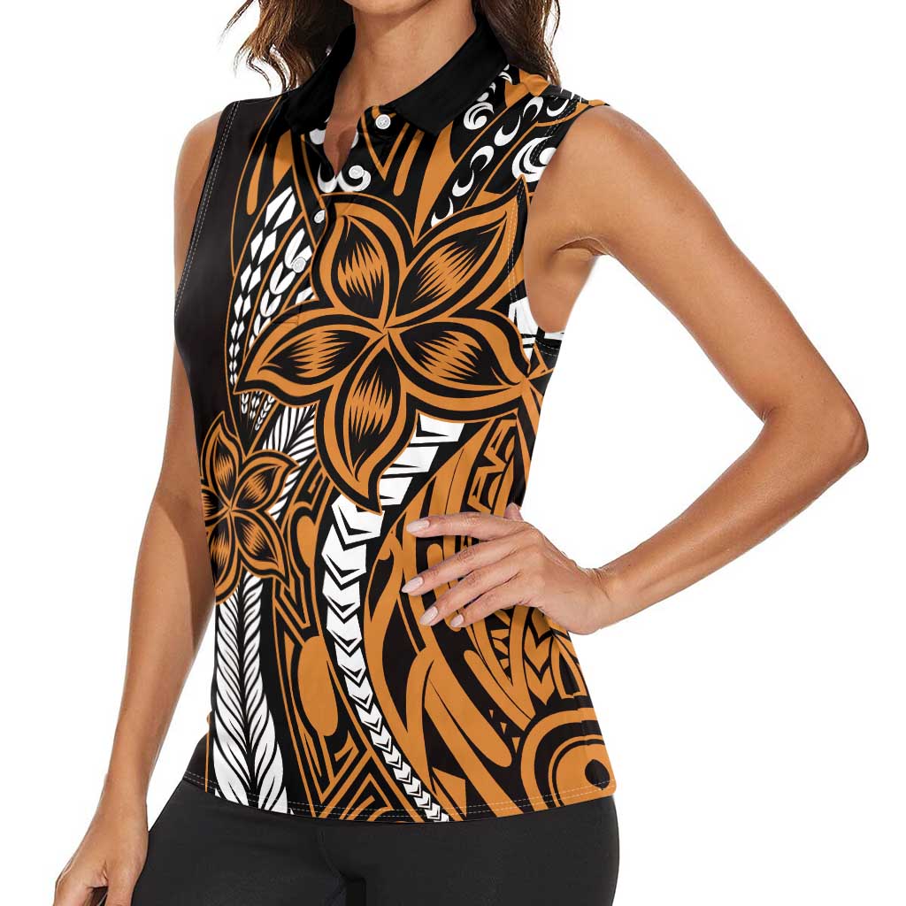 Polynesian Plumeria Floral Tattoo Pattern Women Sleeveless Polo Shirt Gold Style
