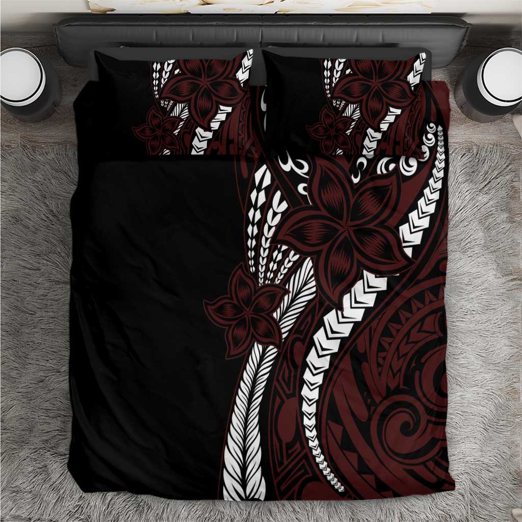 Polynesian Plumeria Floral Tattoo Pattern Bedding Set Oxblood Style