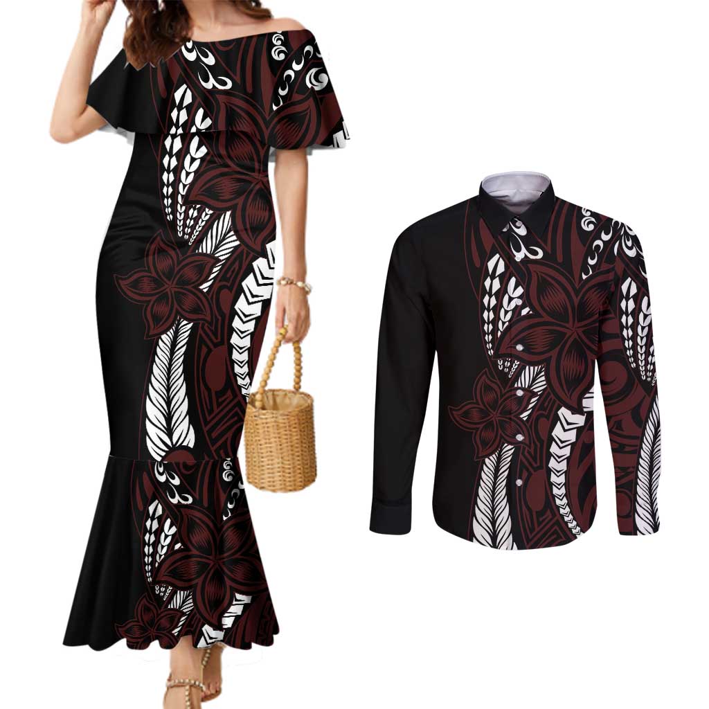 Polynesian Plumeria Floral Tattoo Pattern Couples Matching Mermaid Dress and Long Sleeve Button Shirt Oxblood Style