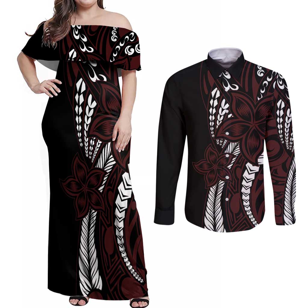 Polynesian Plumeria Floral Tattoo Pattern Couples Matching Off Shoulder Maxi Dress and Long Sleeve Button Shirt Oxblood Style