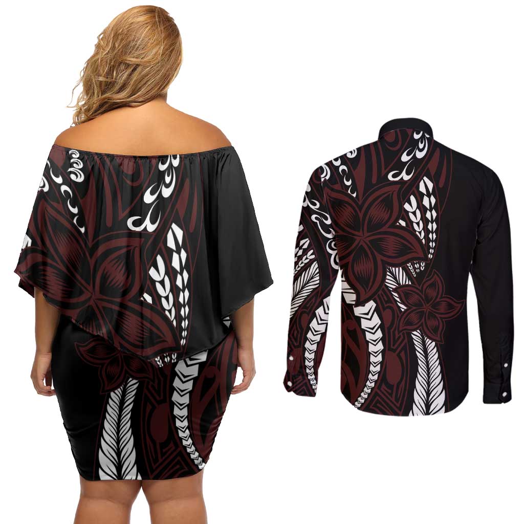 Polynesian Plumeria Floral Tattoo Pattern Couples Matching Off Shoulder Short Dress and Long Sleeve Button Shirt Oxblood Style