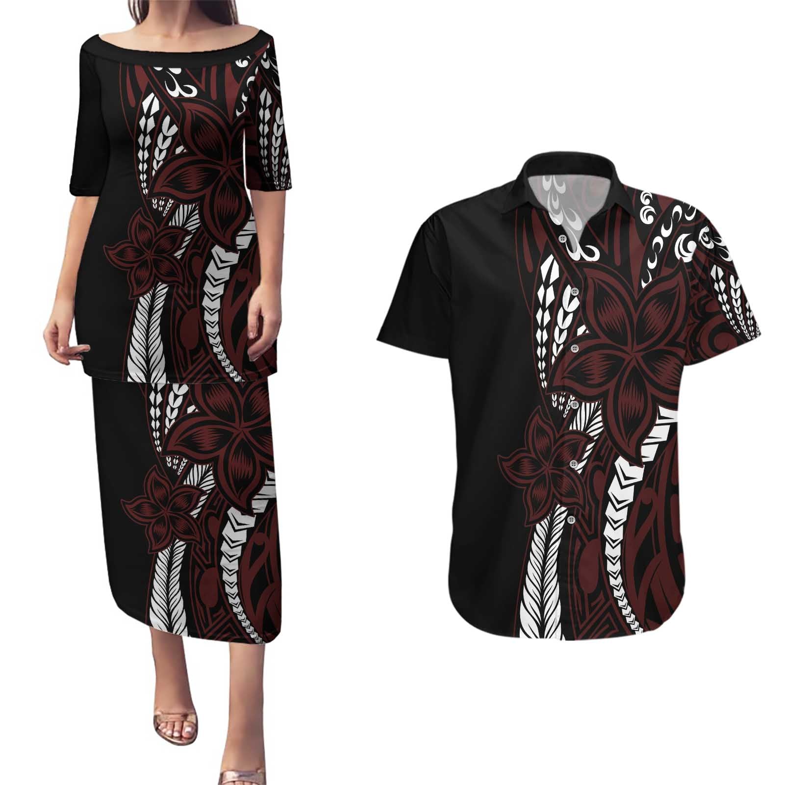 Polynesian Plumeria Floral Tattoo Pattern Couples Matching Puletasi and Hawaiian Shirt Oxblood Style